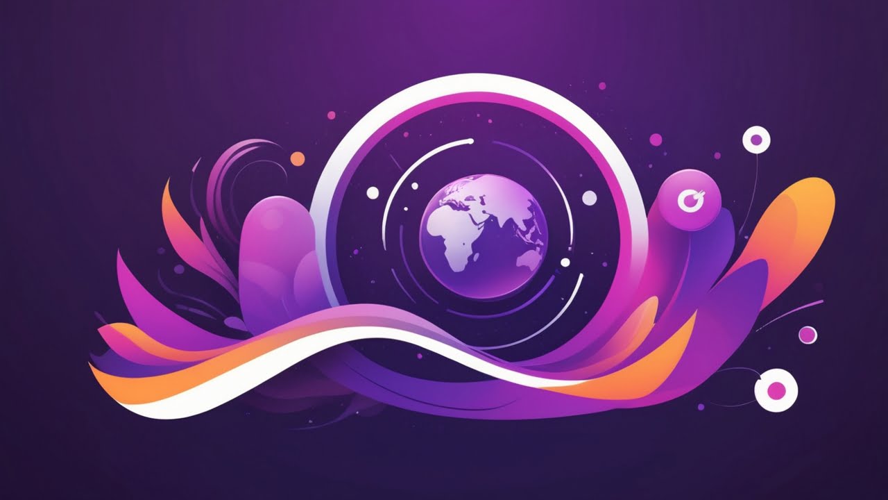 Ilustração: globo terrestre envolto em grafismos abstratos alaranjados sobre fundo gradiente roxo