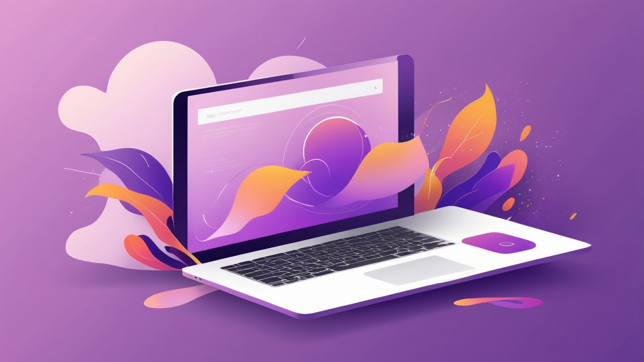 Ilustração: notebook estilizado envolto em grafismos abstratos alaranjados sobre fundo gradiente roxo