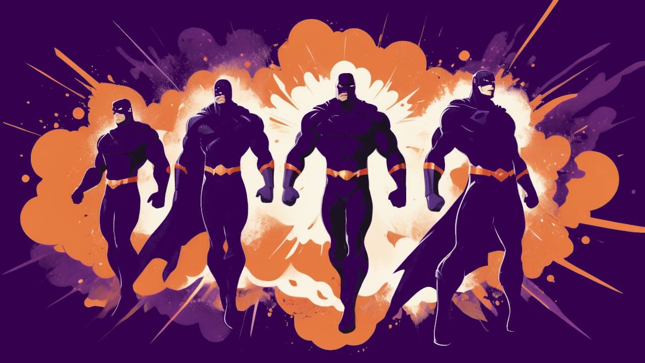 Ilustração: quatro heróis estilizados envoltos em grafismos abstratos alaranjados e arroxeados simulando uma explosão sobre fundo roxo